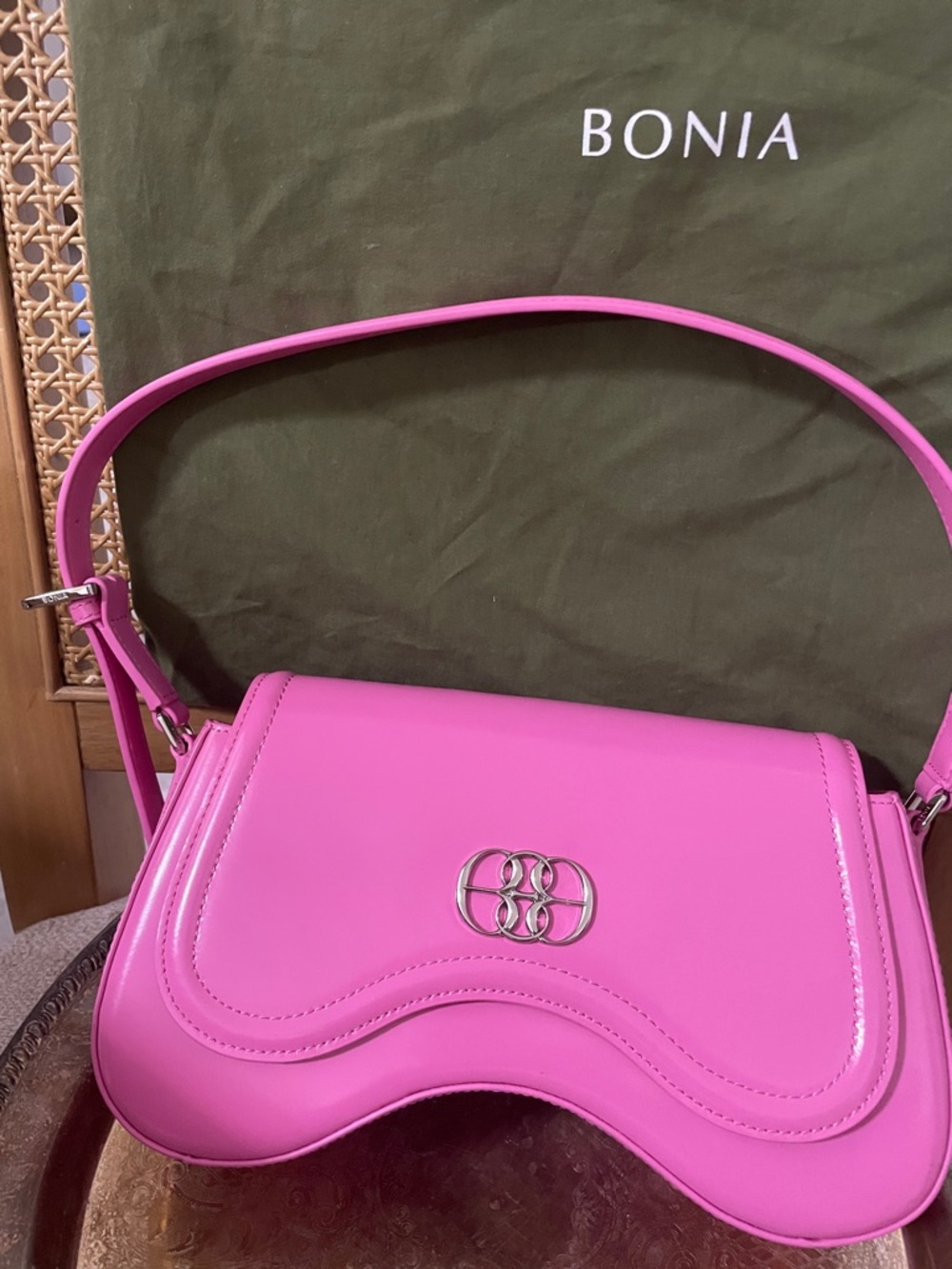 Bonia Sculpted Pink Shoulder Bag with Silver Emblem